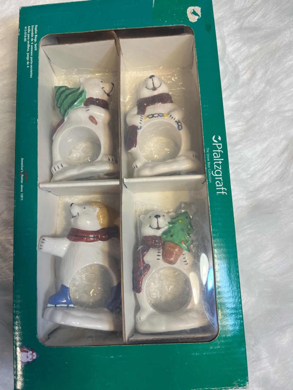Pfaltzgraff Holiday Polar Bear Napkin Rings - White with Green & Red Accents